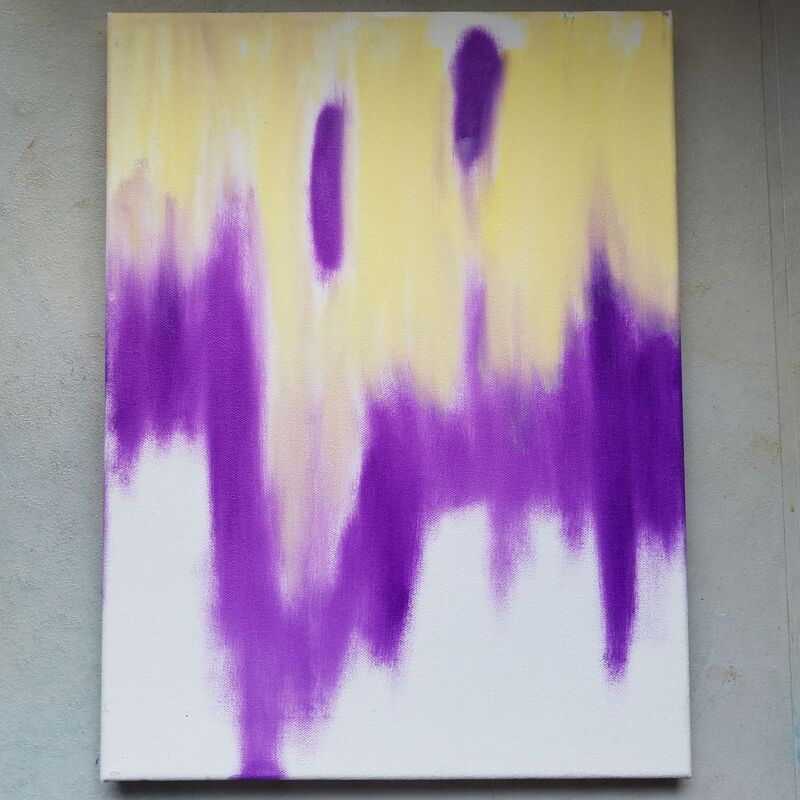 Abstract painting in purple, pale yellow and white.
