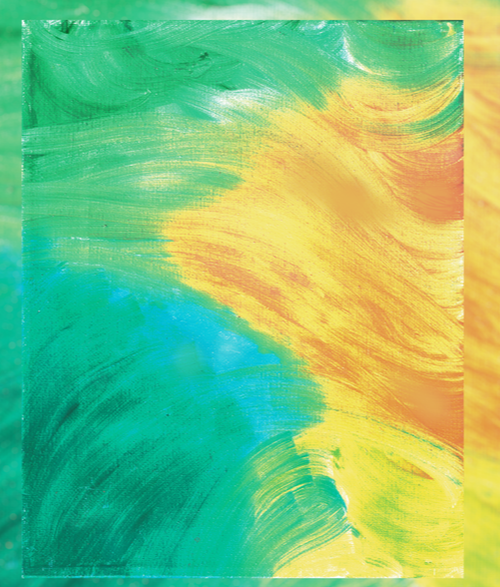 Abstract oil painting in green turquoise and yellow ocher tones.