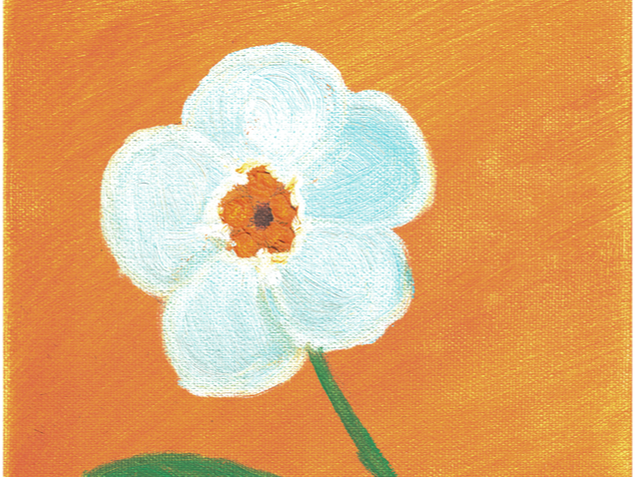 Oil painting, blue and white forget-me-not flower on yellow ocher background.